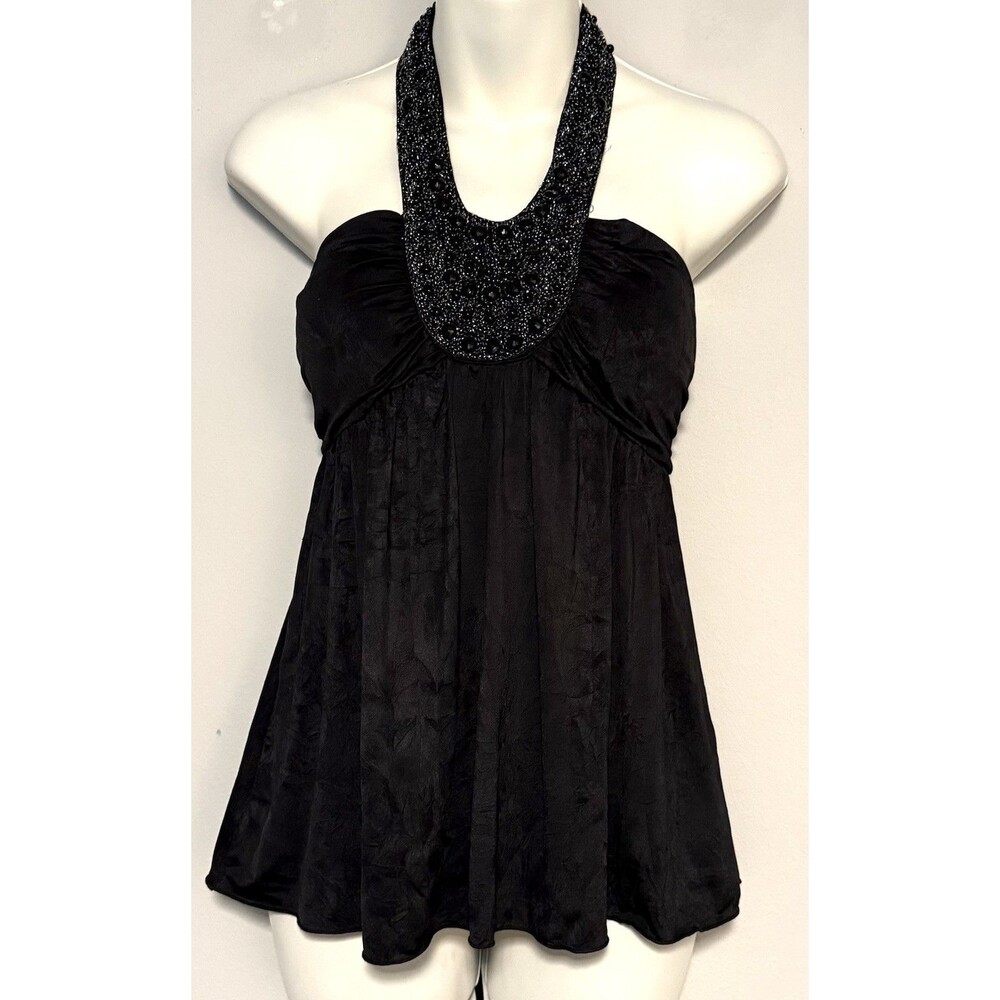 Vintage Y2K Babydoll Halter Top Sz L Black Embellished Beaded 90s Going Out